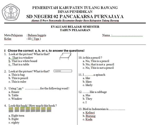 Download Soal Bahasa Inggris Kelas 3 Semester 2 Dan Kunci Jawabannya Png