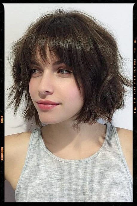 Short Messy Brunette Bob With Bangs Messy Short Hair Messy Bob Haircut Short Hair With Bangs