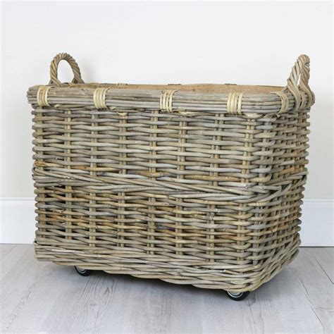 Grey And Buff Rattan Wheeled Log Basket The Basket Company