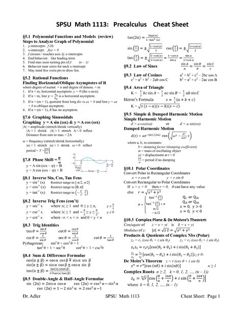 Spsu Math 1113 Precalculus Cheat Sheet Pdf Pdf Precalculus Math