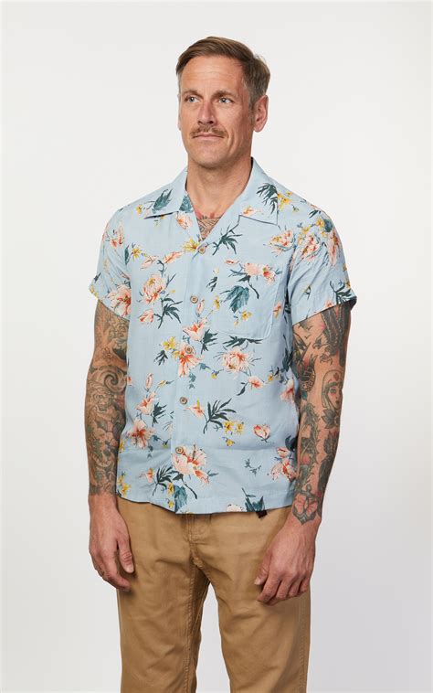 Naked Famous Denim Aloha Shirt Silky Flowers Pale Blue Cultizm
