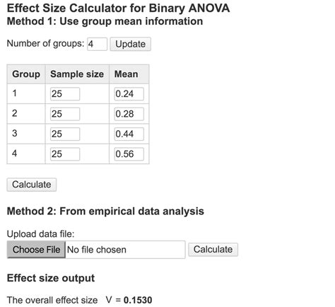 3 1 Interface For Effect Size Calculator Of One Way ANOVA With Binary