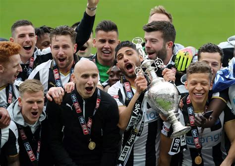 Newcastle United Players Celebrate After Winning The Sky Bet