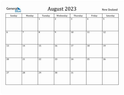 August 2023 Monthly Calendar With New Zealand Holidays