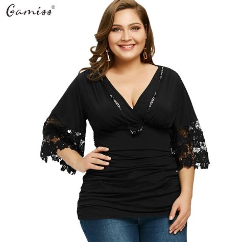 gamiss women black plus size blouses sexy v neck three quarter flare sleeve lace tees with
