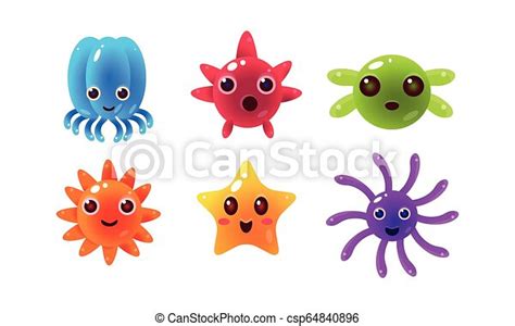 Sea Creatures Set Cute Marine Colorful Bright Glossy Animal Characters