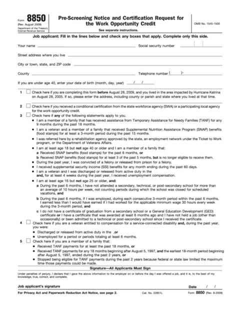 Fillable Form 8850 Pre Screening Notice And Certification Request For