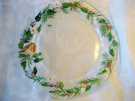 Hand Painted Glass Christmas Plate With Red Robin And Holly Christmas Plates Painted Wine