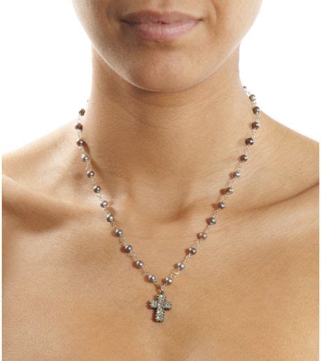 Devon Page Mccleary Diamond Cross Pearl Bead Necklace In White Gold