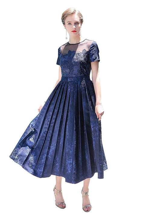 Navy Blue Womens Short Sleeve Blue Formal Maxi Silk Lace Pleated A