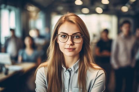 Premium Ai Image A Woman With Glasses Stands In A Busy Office With