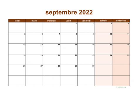 Calendrier Septembre 2022