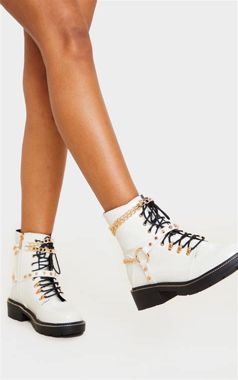 white chain hiker lace up ankle boot prettylittlething