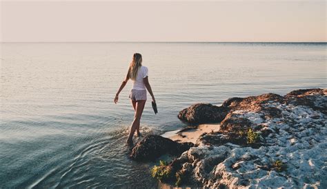 Wallpaper Women Outdoors Model Sunset Sea Bay Rock Shore Sand Sky Stones Beach