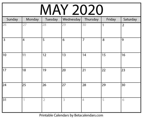 Printable May 2020 Calendar Beta Calendars