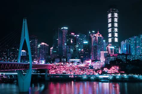 Wallpaper Night City Building Glow Lights Night Hd Widescreen