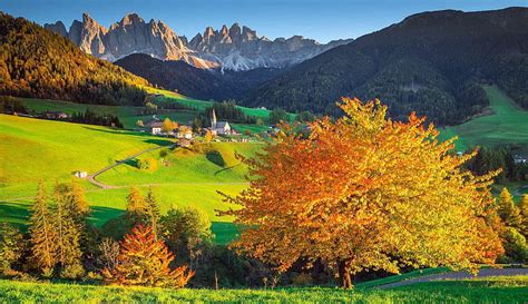 Italy Of Santa Maddalena Village Autumn Church Italy Mountains