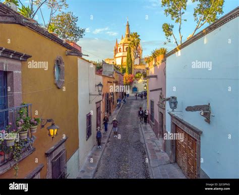 Aerial Drone Shot From Narrow Street In San Miguel De Allende Cathedral