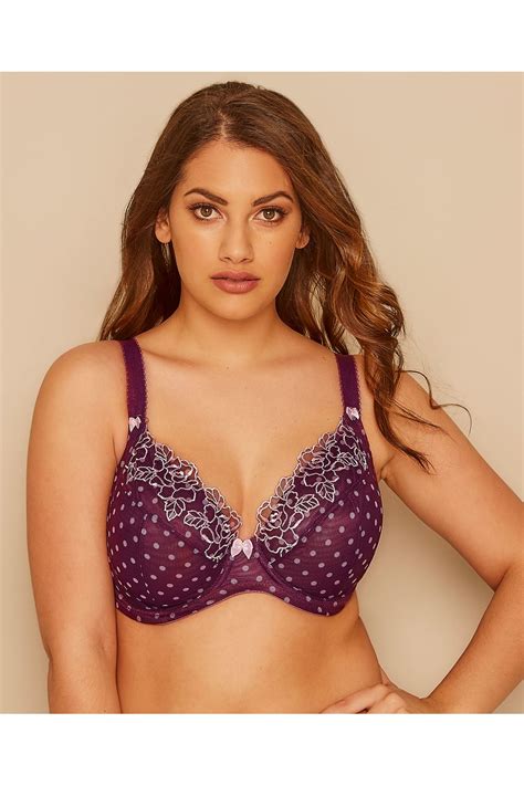 Purple Spotted Underwired Bra With Embroidered Lace Trim Plus Size 38c To 46g