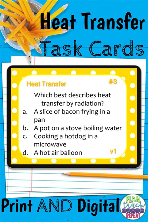 A Yellow And White Sign That Says Heat Transfer Task Cards With Pencils