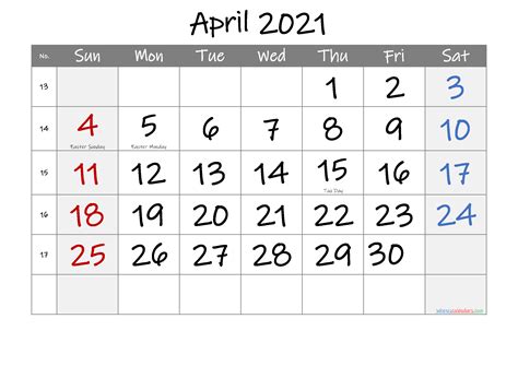 Calendar 2021 April Printable Free Letter Templates