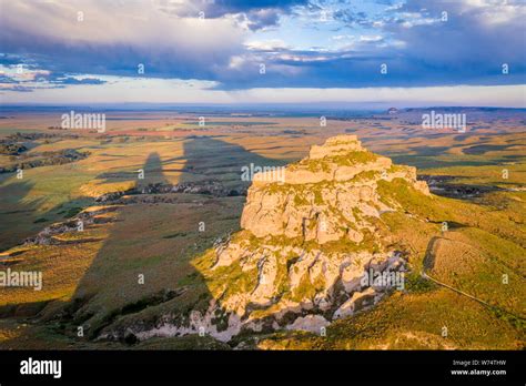 Jail Rock On Nebraska Panhandle Aerial View At Summer Sunrise With A