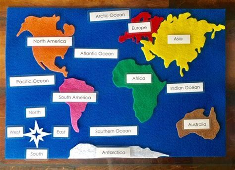 Continents Felt Map With Wooden Labels Continents And Oceans
