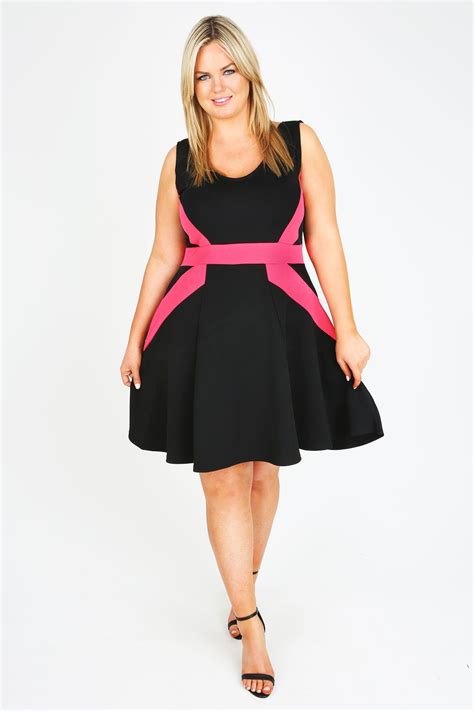 Black And Pink Asymmetric Stripe Skater Dress Plus Size Skater Dress