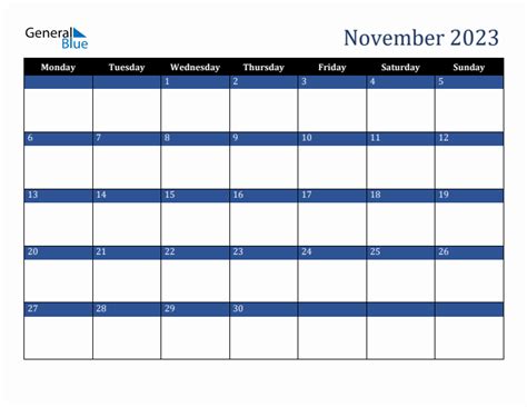 November 2023 Downloadable Monday Start Calendar