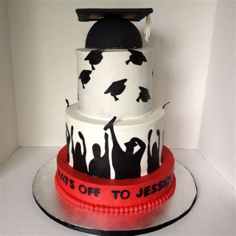 Graduation Cake In White Black And Red With Graduation Cap College
