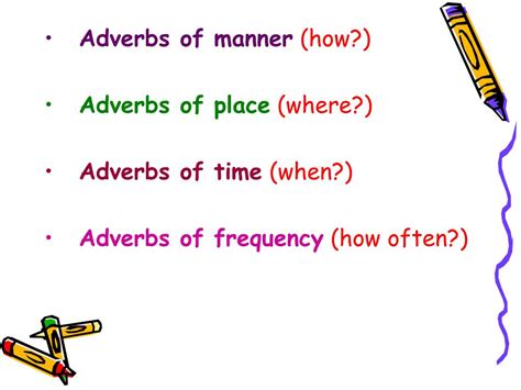 Example of adverb of time #yesterday #tommorow #later #next week #next year #now #since #all day #monthly #seven times #once a week #everyday #last year example of adverb of place #around #everywhere #back #in #nearby #outside #towards #up there #over here #down there #under here. PPT - Adverbs of manner (how?) Adverbs of place (where ...