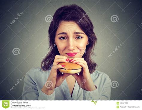 Woman With Guilty Feeling To Eat A Hamburger Stock Image Image Of