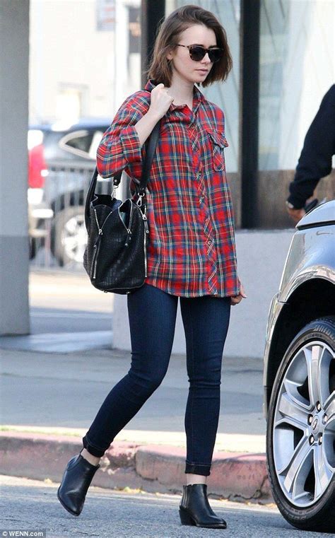 Lily Collins Outfits Casual Slim Fit Pants Street Fashion Tartan Outfits Lily Collins