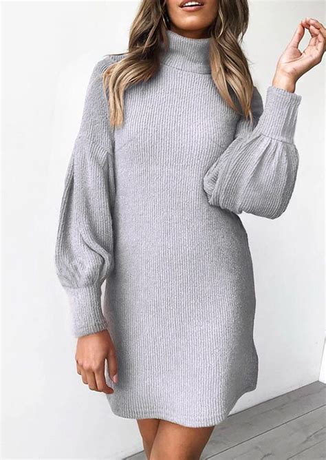 solid knitted turtleneck lantern sleeve mini dress light grey mini dress with sleeves