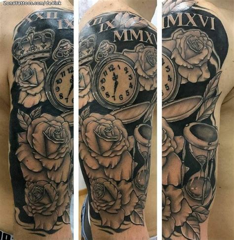 Tattoo Of Clocks Roses Flowers