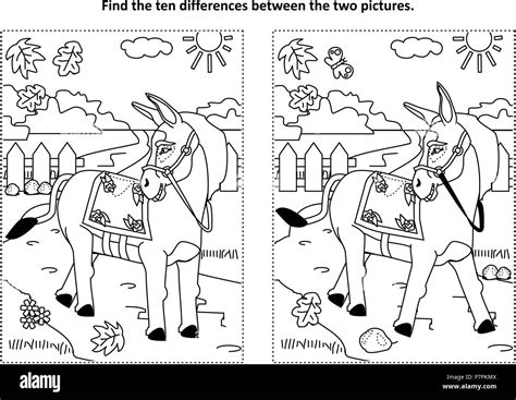 Find The Ten Differences Picture Puzzle And Coloring Page With Donkey