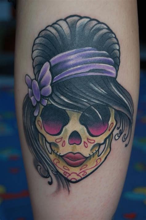 Cute Sugar Skull With Black Hair Tattoo Tattooimagesbiz