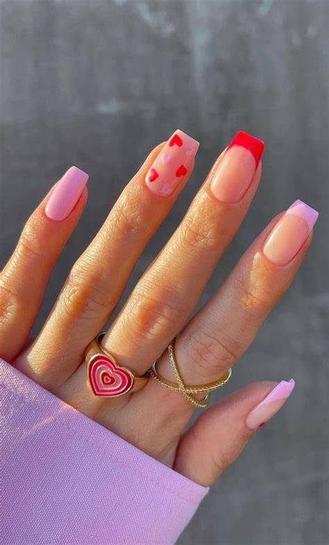 Lovely Valentines Nails In Pink Red French Hearts