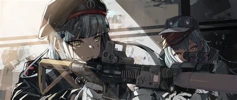 Safebooru 2girls Absurdres Acog Aiming Assault Rifle Beret Fujita Condor G11 Girls