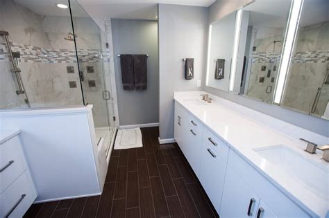 White skin care products accessories white wood shelf dark. Modern White Bathroom with Dark Wood Floor - Callier and ...