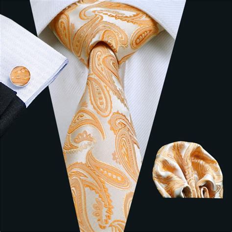 Gents Necktie Orange Paisley Silk Jacquard Tie Hanky Cufflink Set