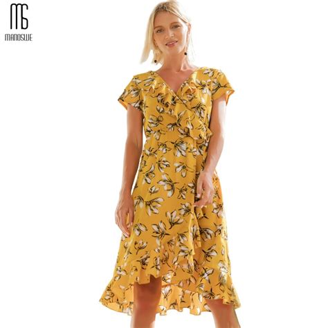 Yellow Summer Floral Ruffle Boho Beach Dress Tunic Print Women Chiffon