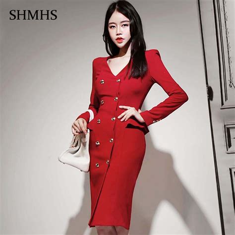 elegant red office lady dress autumn winter warm high waist slim comfortable double breasted