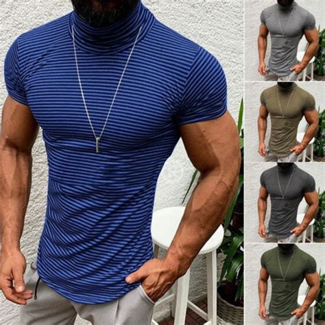 2019 Mens Slim Fit Short Sleeve High Neck T Shirt Casual Muscle Stripe