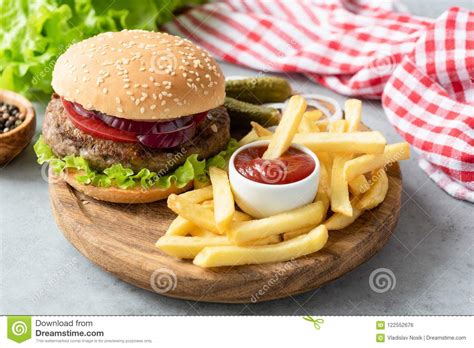 Hamburger French Fries And Ketchup Stock Photo Image Of Delicious