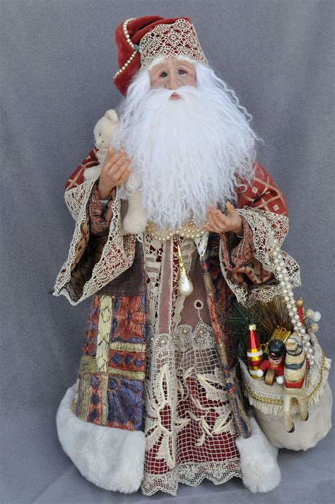 Unique Antique Santa Sculpture With Vintage Tapestries And Lace