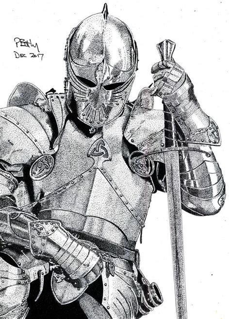 Art Print Pen And Ink Drawing A4 Knight In Shining Armour By