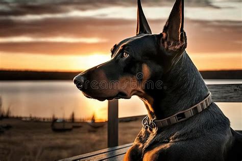 Doberman Pinscher Sitting On Deck With View Of The Sunset Stock Photo