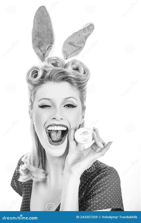 pin up easter woman in bunny ears winking sweet adorable girl in bunny ears celebrating easter