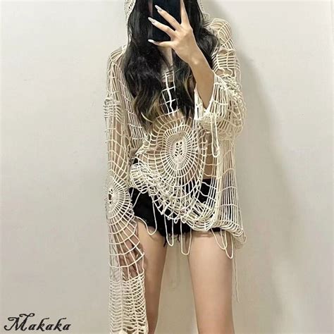 Makaka Clothesy2k Spider Web Hollow Hole Design Spice Girl Hooded